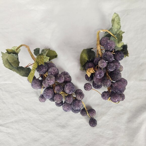 2 Vintage Beaded Grape Bunch Clusters Artificial Fruit Purple Green Leaves Vine - Picture 2 of 5